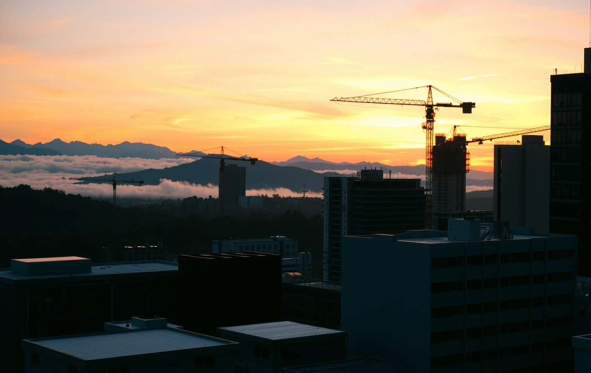 Vista de Bogotá al amanecer con grúas de construcción